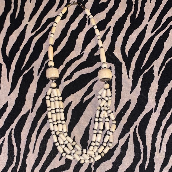 Jewelry - Vintage Bone Off- White and Cream Beaded Necklace with Brass Accents